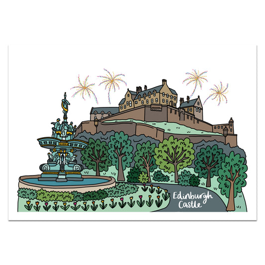 Edinburgh Castle and Fountain Print