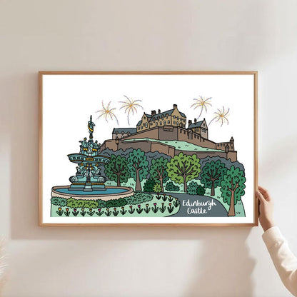Edinburgh Castle and Fountain Print