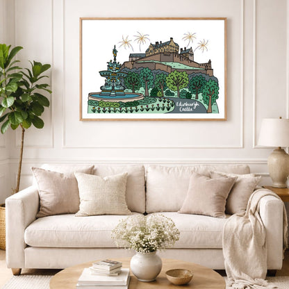 Edinburgh Castle and Fountain Print