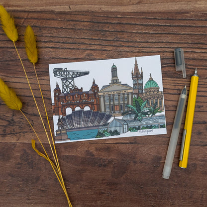 Glasgow Landmarks Illustrated Postcard