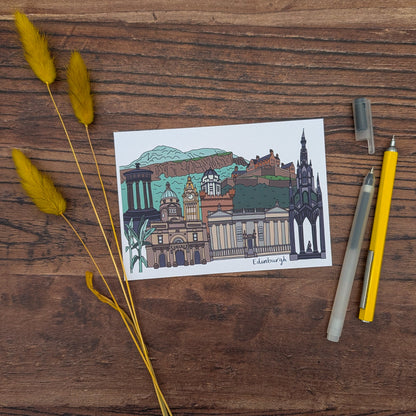 Edinburgh Landmarks Illustrated Postcard